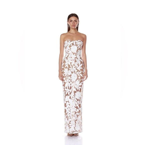 NEW Bronx and Banco Dahlia Maxi Dress in White Silver Floral Strapless - Picture 1 of 16